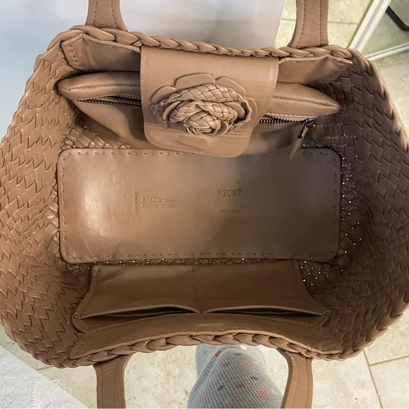 FALOR FIRENZE Italian Leather Woven Tote with Rosette - Picture 7 of 15